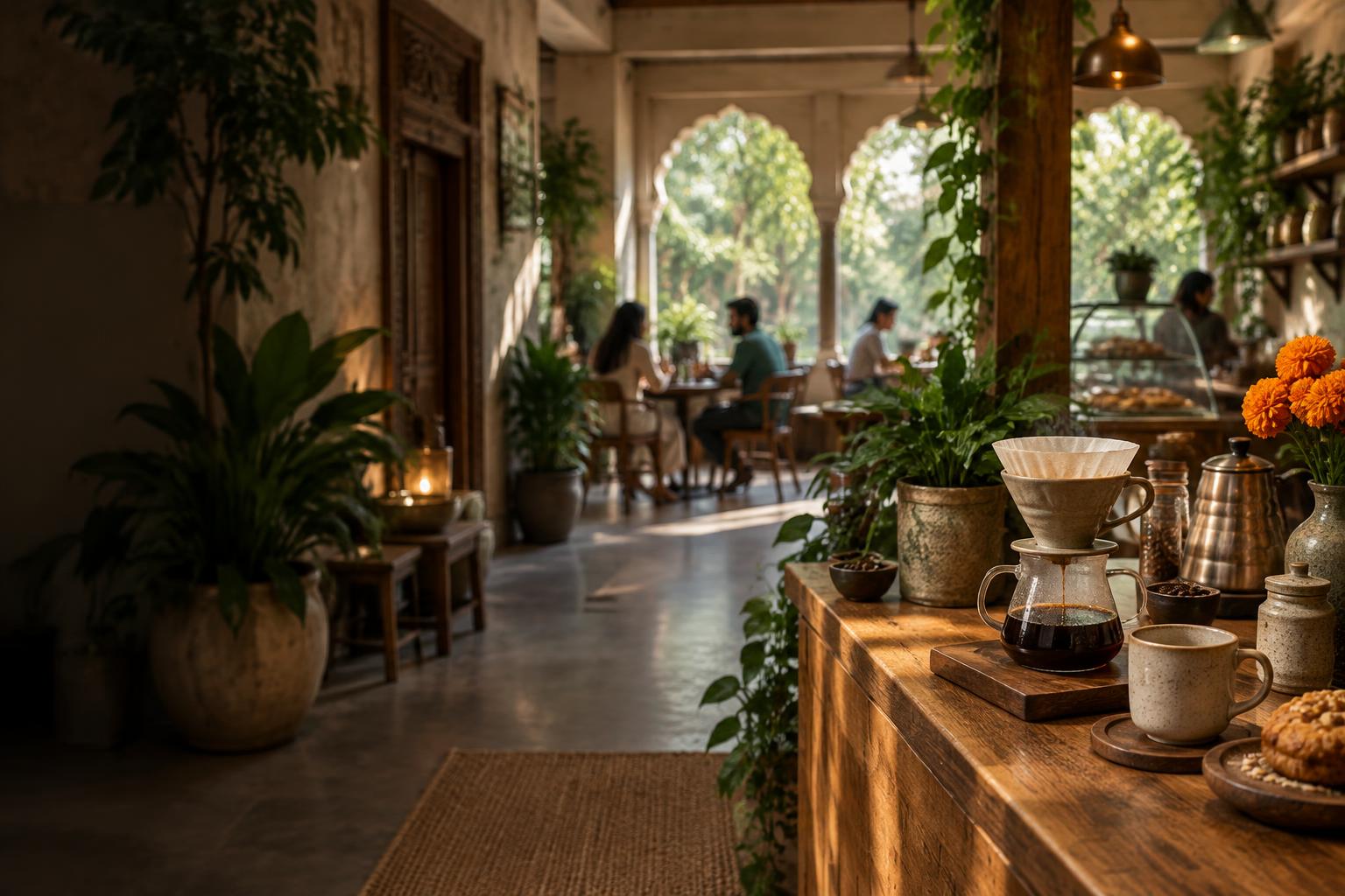 Sunlit GreenLeaf Café filled with plants and hand-brewed coffee